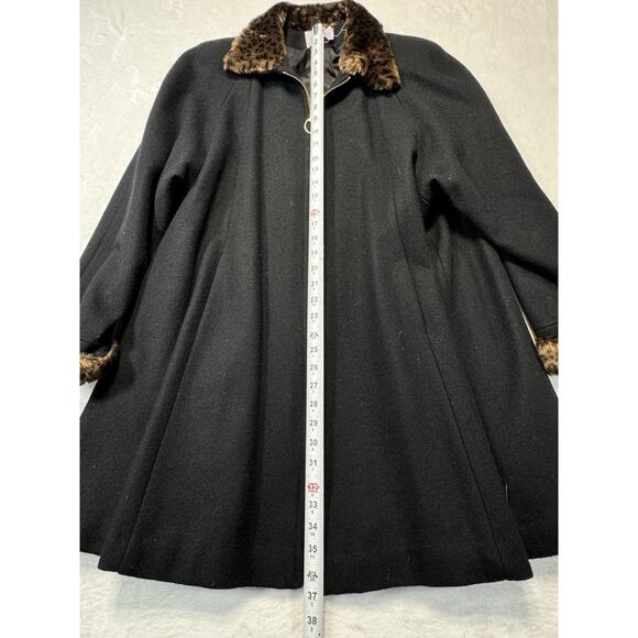 Rebecca Lyons Vintage Women’s LG Black Wool Coat Leopard Faux Fur Collar/Cuffs - Picture 7 of 8